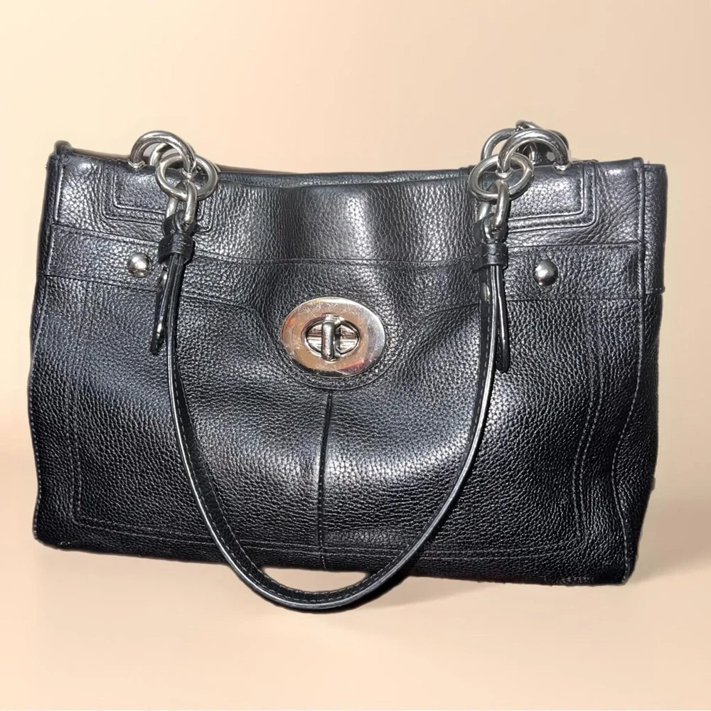 Coach Penelope Black Pebbled Leather Carryall Shoulder Bag Satchel